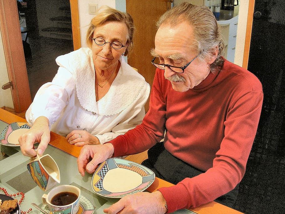 žena, uvedení, mléko, muž, káva, napít se, kávový šálek, pohár, prospěch z, nápoje, senioři