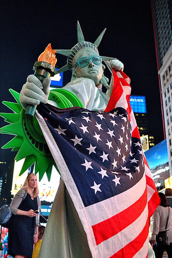 kali persegi, kostum, make-up, pantomim, karakter, jalan ke-42, bendera Amerika, monumental, kebebasan, tanggal 4 Juli, obor