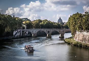 white, boat, gray, bridge, middle, body, water, near, concrete, architecture, structure