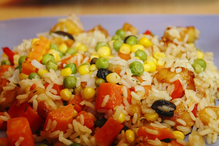 macro photography, mix vegetable, fried, rice, vegetables, rice ladle, carrots, eat, nutrition, delicious, peas