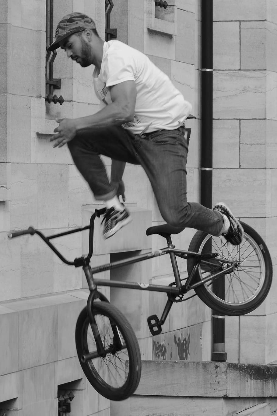 jízdní kolo, bmx, sportovní, okázalý, muž, lidé, zakrnět, skok