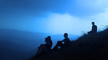 네, 남자, 좌석, 언덕, 사람들, 하이킹, 옥외, 모험, 자연, 산, 실루엣