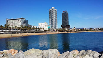 szürke, szikla, test, víz, nappal, Spanyolország, barcelona, barceloneta, strand
