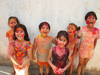 group, children, wearing, paint, standing, wall, holi, india, color, culture, tradition