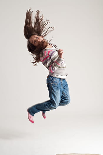jumping, girl, sweater, blue, denim jeans, jump, child, fun, active, leisure, motion