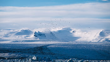 landscape, mountains, snow, winter, cold, nature, birds, animals, blue, sky, clouds