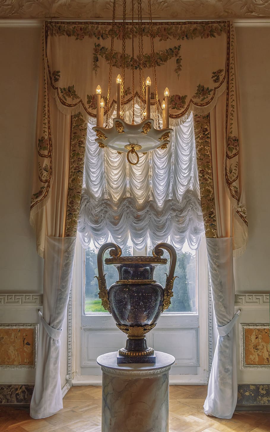 palác, muzeum, pavlovsk, st petersburg russia, váza, lustr, okno, žaluzie, Rusko, interiér, umění