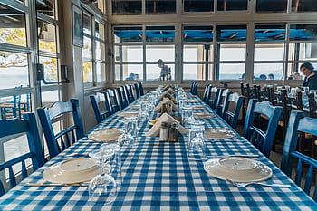 řecký, stůl gedeckter, ubrus, Modrá bílá, stůl, restaurace, pokryté, gastronomie, oslava, letní, dekorace