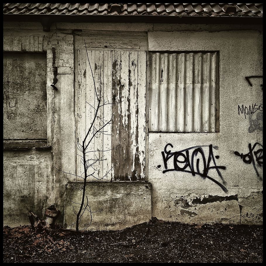 Černá, bílý, Černý a bílý, fotografie, černobílé fotografie, dveře, budova, špinavý, starý, opuštěný, run-down