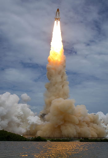 red, white, space shuttle, taking, body, water, blue, sky, atlantis space shuttle, launch, reflection
