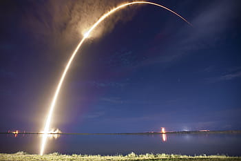 žlutá, světlo, směrem k, tělo, voda, v noci, start rakety, noc, trajektorie, spacex, výtah