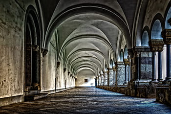 photography, brown, concrete, building, monastery, cloister, abbey, gang, architecture, vault, religion