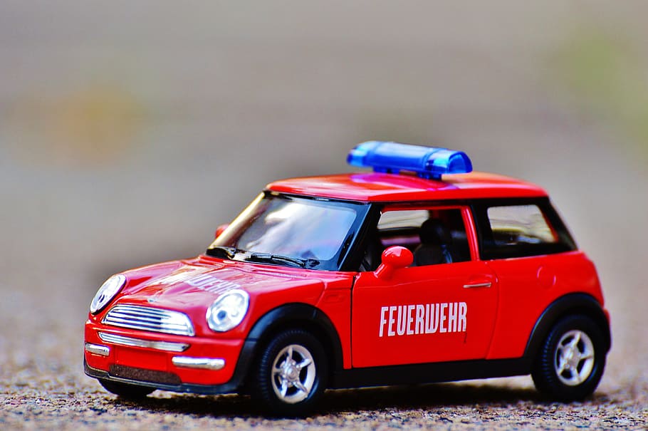 oheň, mini cooper, auto, model auta, Červené, modré světlo, vozidlo, hračky, autíčko, nehody a katastrofy, naléhavost