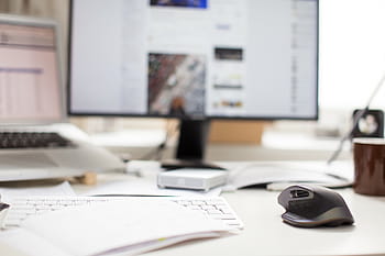 selective, focus photography, cordless, keyboard, mouse, white, wooden, desk, monitor, computer, laptop