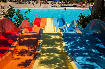 assorted-color pool slides, Water Park, Slide, Sun, Weather, the sun, holidays, greece, crete, summer, water