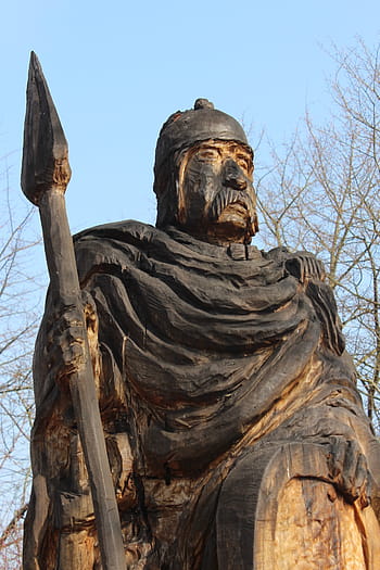 celts, figure, wood, carved, old, holzfigur, arts crafts, man, chief, warrior, spear