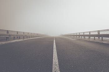 middle, empty, road, fog, street, asphalt, bridge, sky, outdoor, travel, the way forward