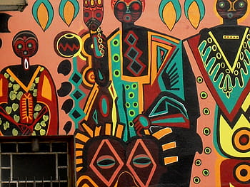tribal graffiti, mural, colorful, decoration, street art, painting, art, images, figures, green, red