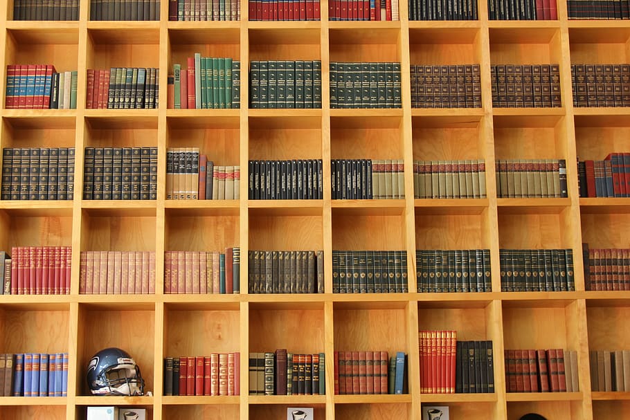 books, football helmet, brown, wooden, cubby shelf, library, knowledge, bookstore, bookshelf, shelf, bookcase
