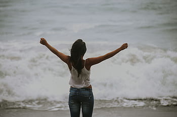 people, woman, happy, enjoy, dom, water, ocean, sea, beach, waves