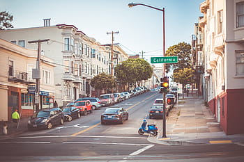 カリフォルニア通り交差点、 ランダム、 ショット、 カリフォルニアストリート、 交差点、 カリフォルニア、 車、 都市、 横断歩道、 住宅、 古い