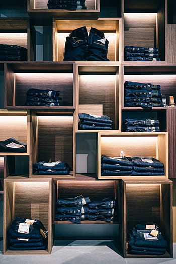 denim bottoms, brown, wooden, shelf, jeans, denim, clothing, fashion, store, shopping, mall