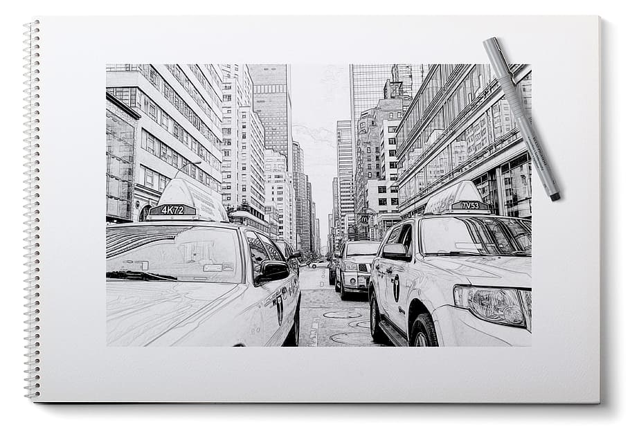 bílý, poznámky, stavební ilustrace, město, vozy, silnice, skica, New York, malování, tužka, plán