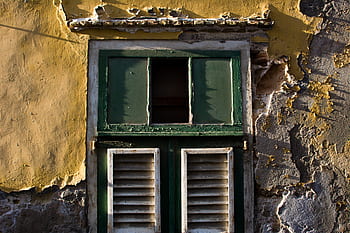window, wood, shutters, concrete, wall, damaged
