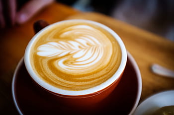 káva, latte, umění, espresso, kavárna, caffelatte, pohár, dřevěný, stůl, podšálek