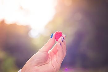 gadis tangan, Warna-warni, Raspberry, Gadis, Tangan, abstrak, bokeh, makanan, hutan, buah-buahan, sehat