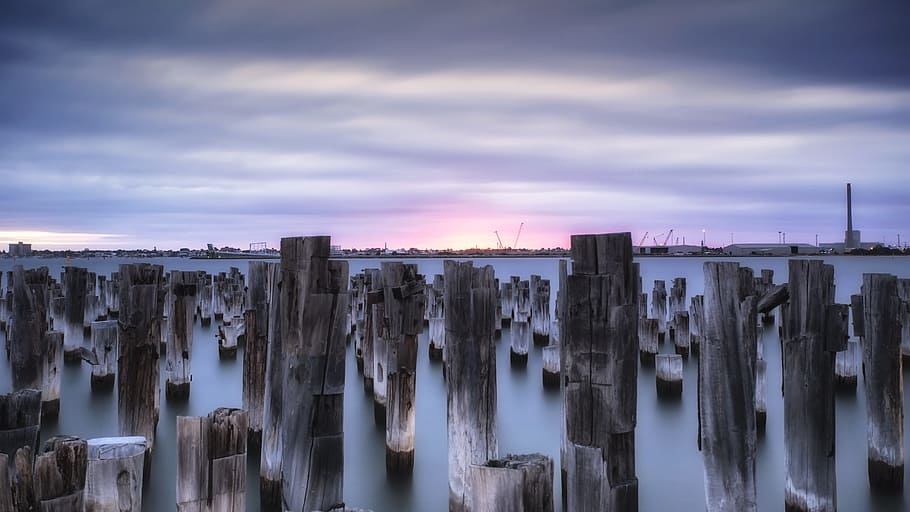 brown, stone, abstract, digital, wallpaper, wooden, post, water, daytime, pier, sunset