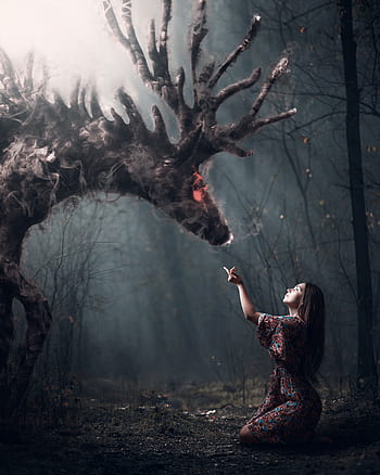 girl, forest, deer, fantasy, story, shop, montage, surreal, fantastic, smoke, mystic