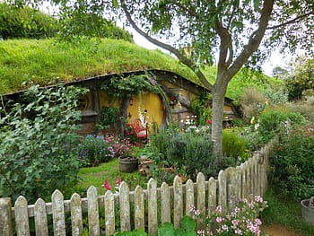 marron, en bois, maison, gris, clôture, vert, colline, jour, Hobbiton, porte, plateau de cinéma