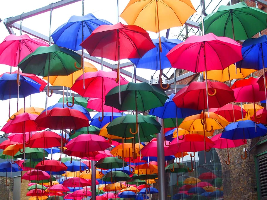 screens, umbrellas, colored umbrellas, artwork