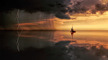 silhouette photo, ship, sea, nimbus clouds, sunset, nature, waters, dusk, dawn, ocean, reflection