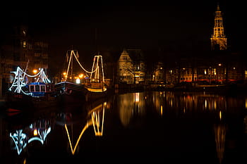 edifici della città, corpo, acqua, ore notturne, villaggio, notte, luci, Groningen, Olanda, Barche, canale
