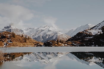 mountain, covered, ice, highland, cloud, sky, landscape, nature, lake, water, reflection