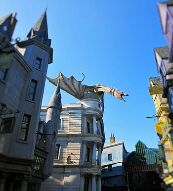 harry potter, drak, gringotty, univerzální studia, zábavní park, usa, Florida, socha, architektura, exteriér budovy, stavba