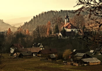 silueta fotografie, vesnické domy, Polsko, malopolska, pieniny, hory, město szczawnica, vesnice jaworki, kostel, starý, architektura