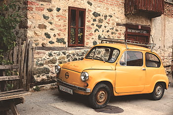 yellow, car, vintage, city, town, village, house, home