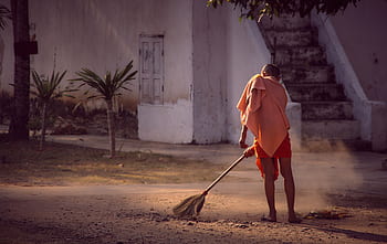 periodic week, brush up, clean, broom, monk, monastery, return, push broom, dirty, cleanliness, meditation