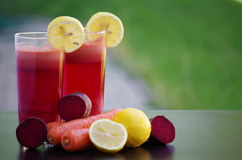 selective, focus photography, two, glass, juices, lemon, carrots, smoothie, fruit, vegetables, salad beetroot carrots