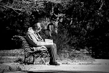 fotografie ve stupních šedi, muž, sedící, lavice, sólo, čtenář, starý, park, staré posezení v parku, les, Příroda