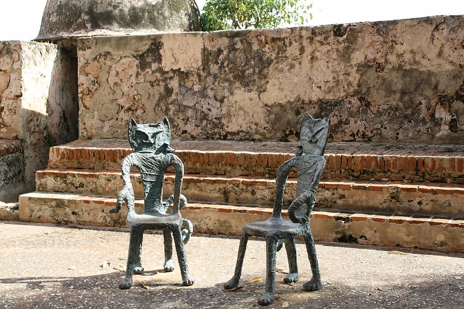 two, gray, armchairs, ground, cat, chairs, san juan, sitting, decoration, relax, park