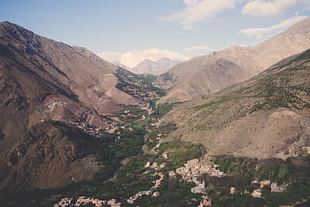aerial, photography, mountains, town, valley, mountain, highland, houses, building, village, road