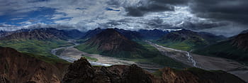 hnědý, hory, digitální, plakát, krajina, divočina, panoráma, toklat řeka, prameny, denali, národní park zachovat