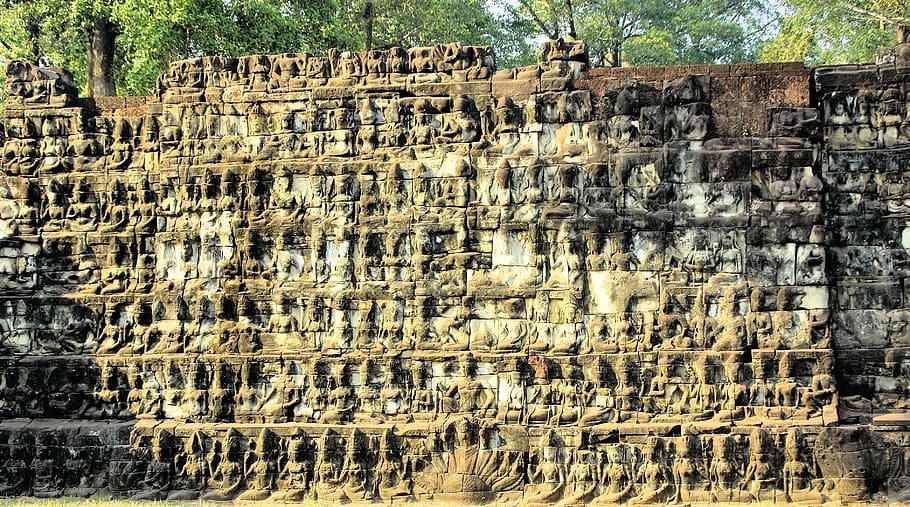 cambodia, angkor, temple, bas-relief, terrace of the leper, antique, culture, history, travel, monument, jungle