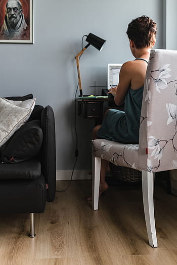 lugar de trabajo, computadora, hogar, elegante, en casa, mujer, interior, diseño de interiores, sofá, mueble, oficina