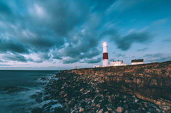 sea, ocean, blue, water, nature, rocks, hill, coast, horizon, cloud, sky