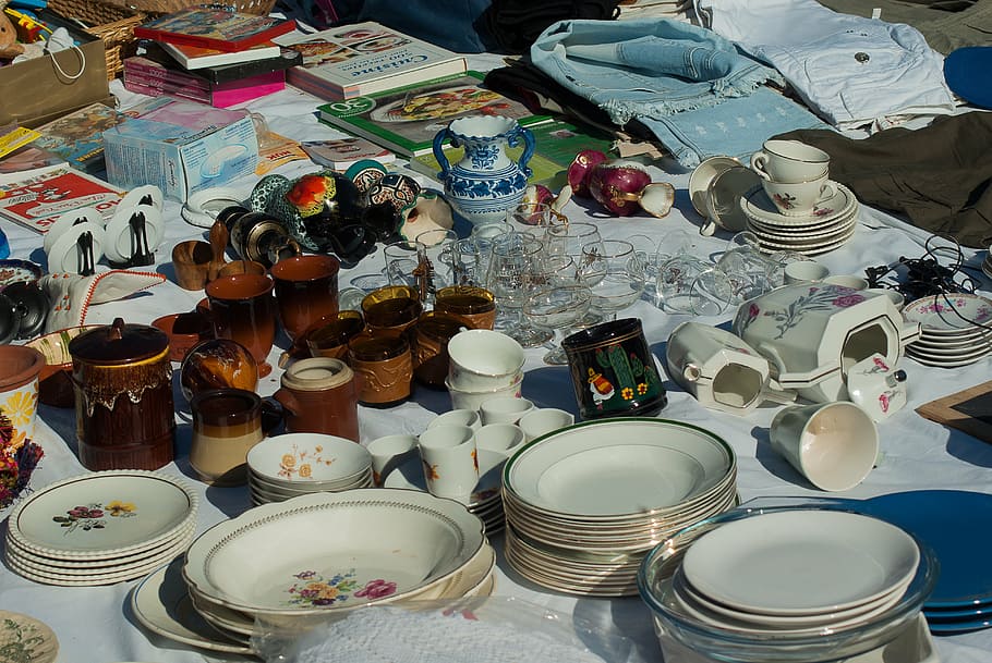 berbagai macam, keramik, alat makan, set, pasar loak, piring, vide-grenier, keripik